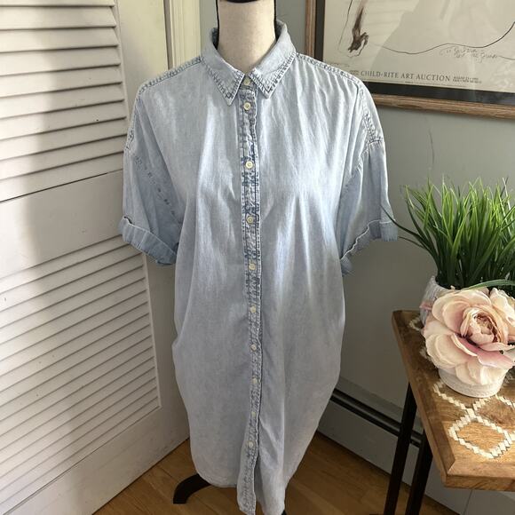 GAP Womens Shirt Dress XL Blue Chambray Midi Casual Pockets Boho Minimalist Chic - Picture 1 of 13